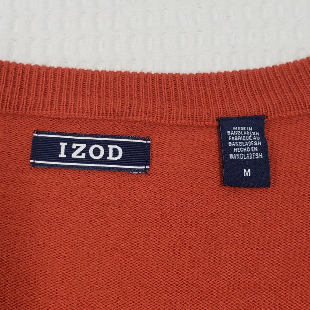 IZOD V-Neck Sweater Mens Medium Orange Cotton Wool Blend Knit Classic Preppy - Picture 2 of 13